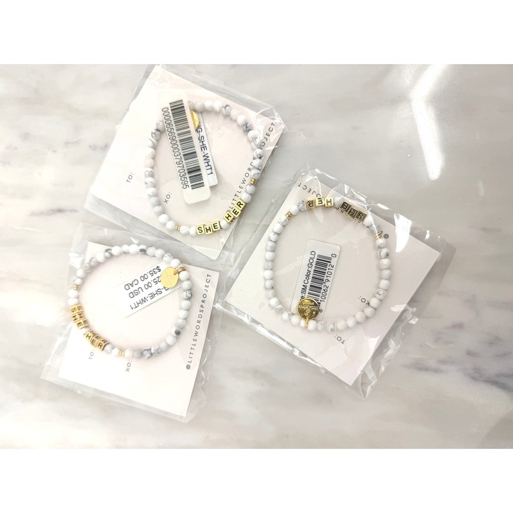 3 Little Words Project She Her Pronoun Bracelet White Howlite Gold